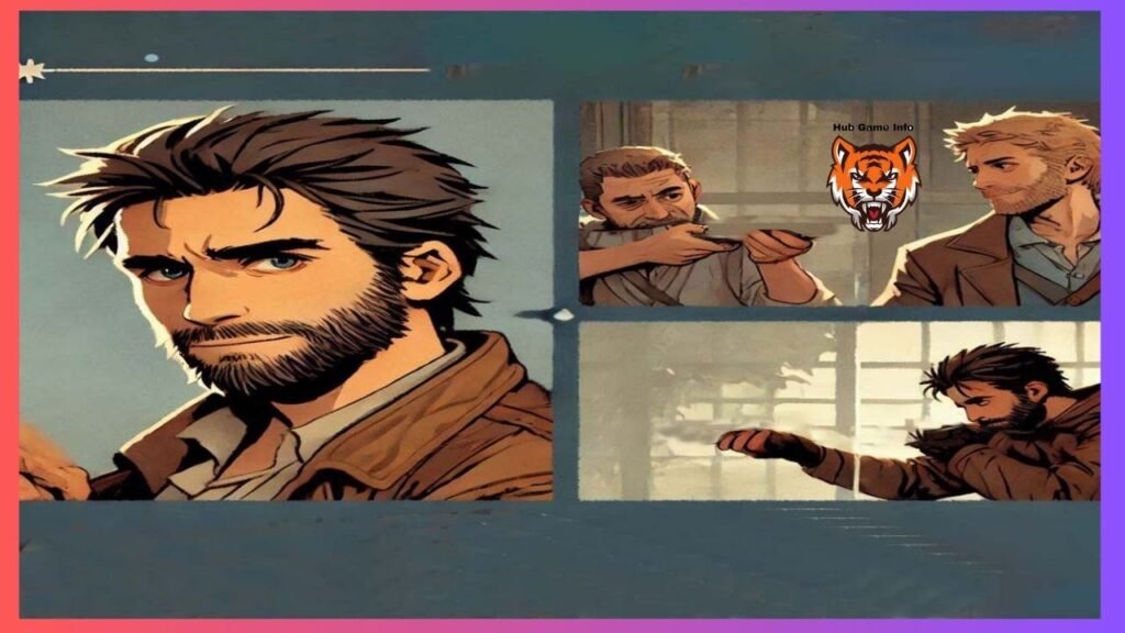 A bearded man in a rough clothing and several frames with characters’ communication representing the mods on the title ‘Hub Game Info’, similar to Fallout New Vegas mods.