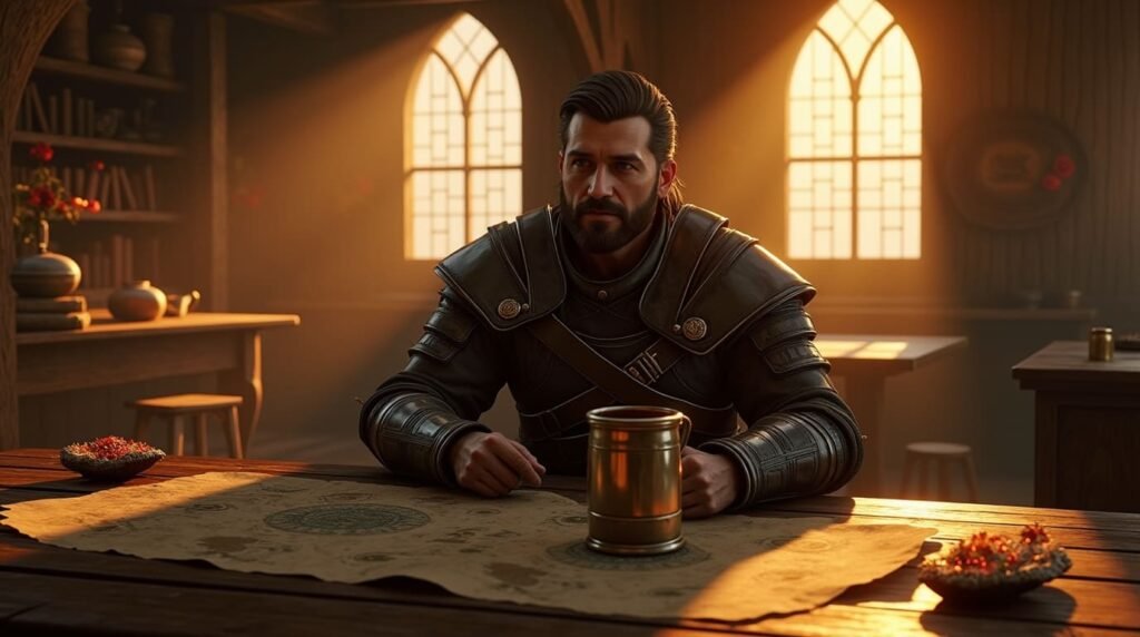 In an upcoming 2025 PS5 game Elder scrolls 6 the player character poses as a warrior in detailed armor who rests in a medieval tavern under warm sunlight to construct his next journey.