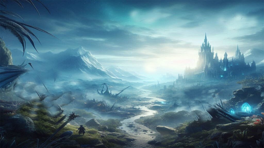 A breathtaking fantasy landscape from the upcoming PS5 game Monster Hunter Wilds. The traveler watches a mystical castle from afar as it stands between mountains alongside glowing blue crystals and a noteworthy foggy valley.