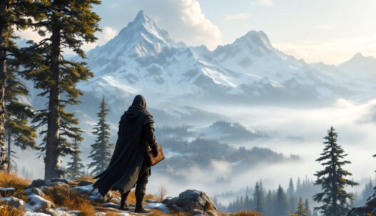 The shot reveals a troubling phantasmagoric character in an open-world fantasy landscape surveying snowy mountains which stands among the majestic upcoming worlds within PS5 games of 2025.