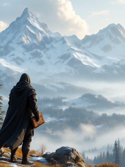 The shot reveals a troubling phantasmagoric character in an open-world fantasy landscape surveying snowy mountains which stands among the majestic upcoming worlds within PS5 games of 2025.