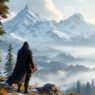 The shot reveals a troubling phantasmagoric character in an open-world fantasy landscape surveying snowy mountains which stands among the majestic upcoming worlds within PS5 games of 2025.