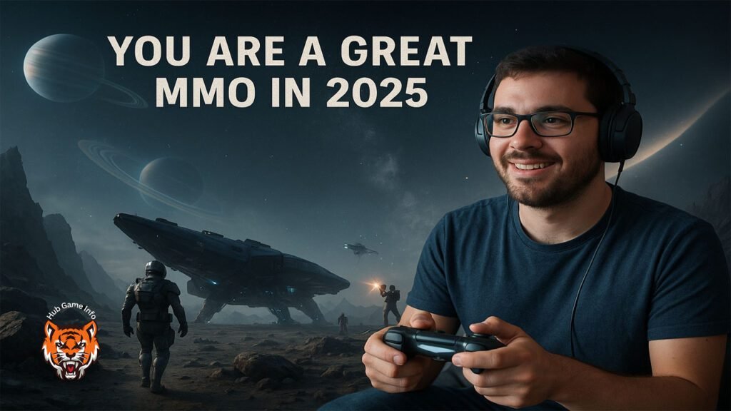 Realistic digital artwork showing a gamer enjoying a great MMO in 2025 with a futuristic sci-fi game environment.