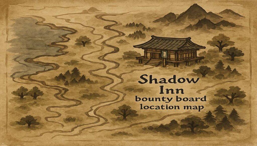 Japanese inn with a bounty board inside, inspired by Ghost of Tsushima art style