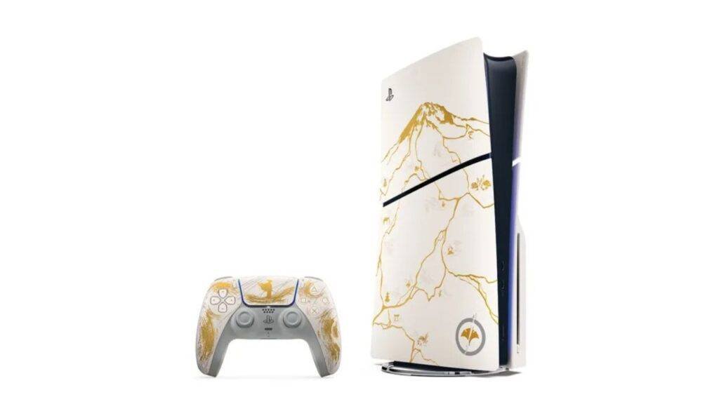 Side view of Ghost of Yotei PS5 console showing mountain-ridge gold engravings
