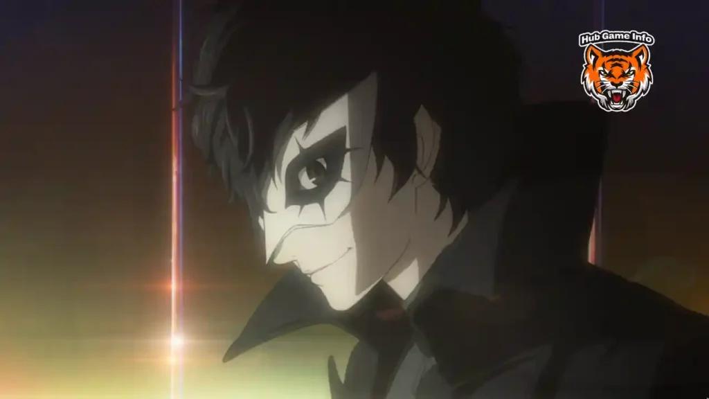 Close-up of Joker wearing his white mask, smirking confidently in a dimly lit cinematic scene.