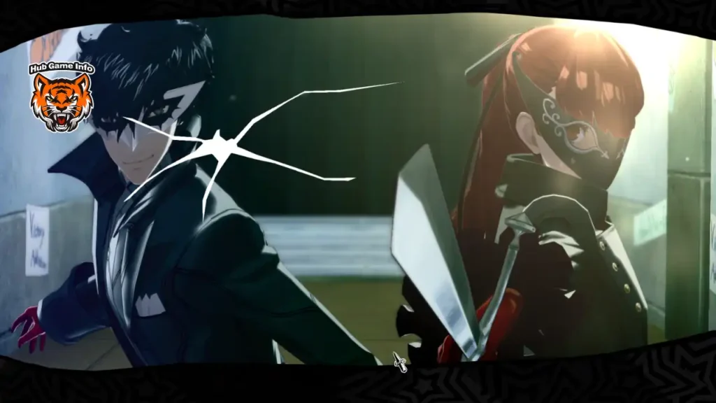 Joker and Kasumi standing back to back preparing for combat in Persona 5 Royal