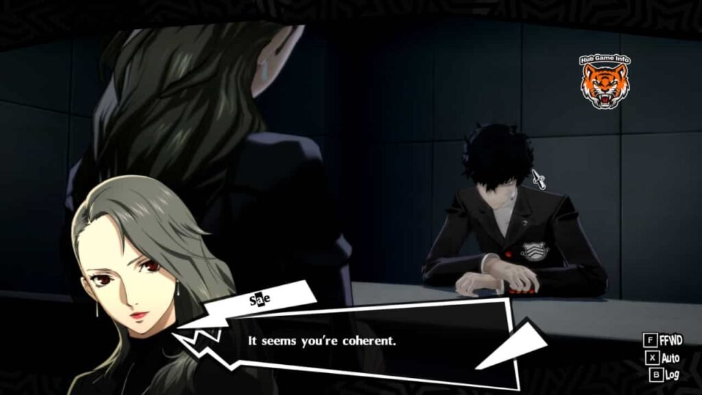 An interrogation scene where Sae Niijima questions the protagonist, Joker, in the interrogation room from Persona 5 Royal.